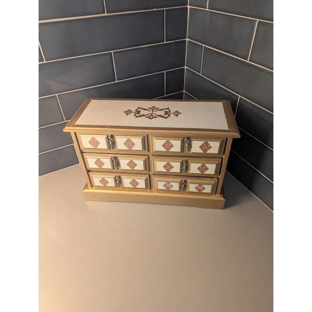 Vintage‎ LARGE WOODEN FLORENTINE TRINKET/JEWELRY Box 6 Drawer Taiwan RARE MCM